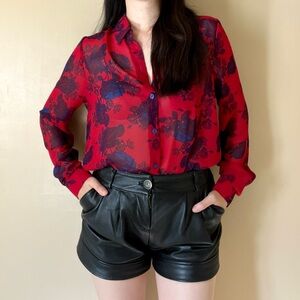 Blue Flowers Red Sheer Collar Button Up Blouse with One Breast Pocket